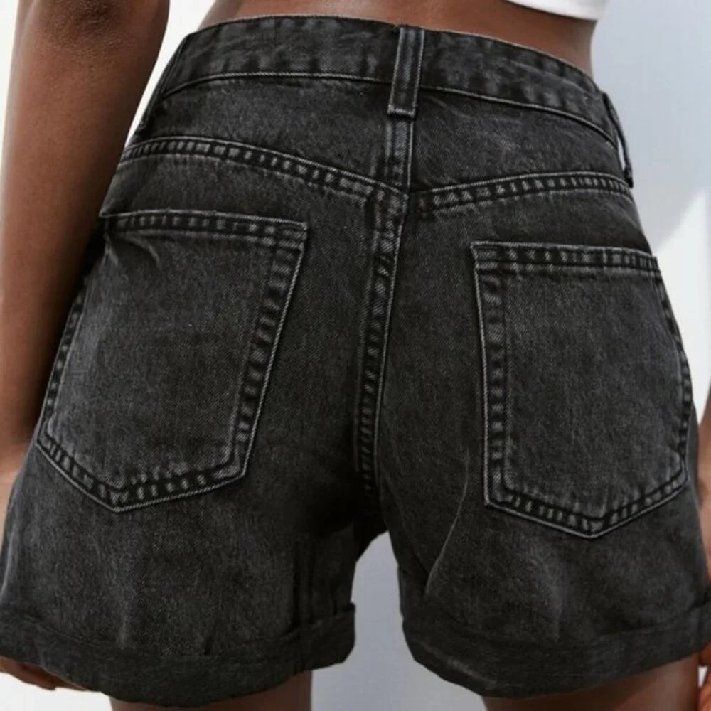 Zara Women's TRF HIGH-WAISTED MOM FIT DENIM SHORTS Black - Picture 6 of 9